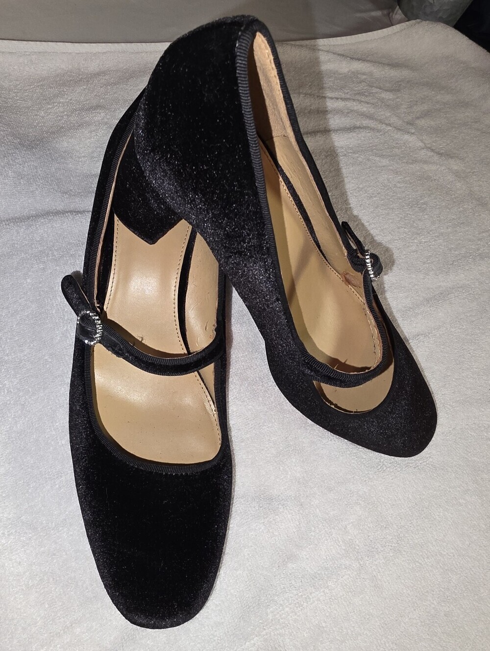 J.Crew Black Velvet Mary Jane Pumps Rhinestone Buckle Block Heel Size 9
